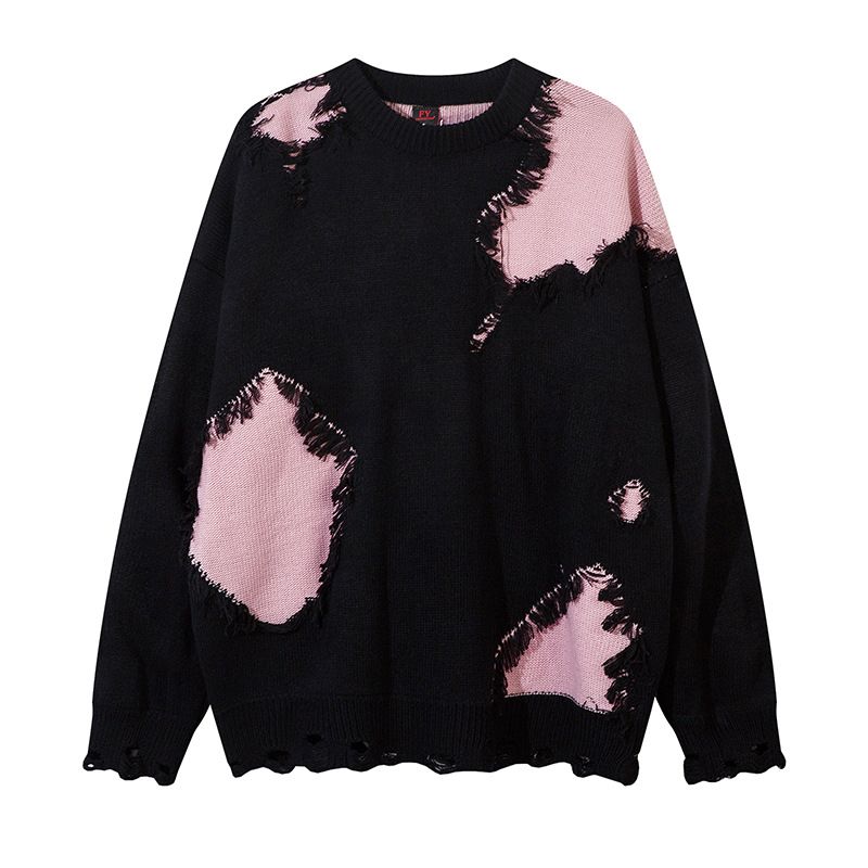 Suéter holgado unisex de estilo americano chic, en blanco y negro, con diseño calado y bloques de color, para otoño e invierno._voghion.com