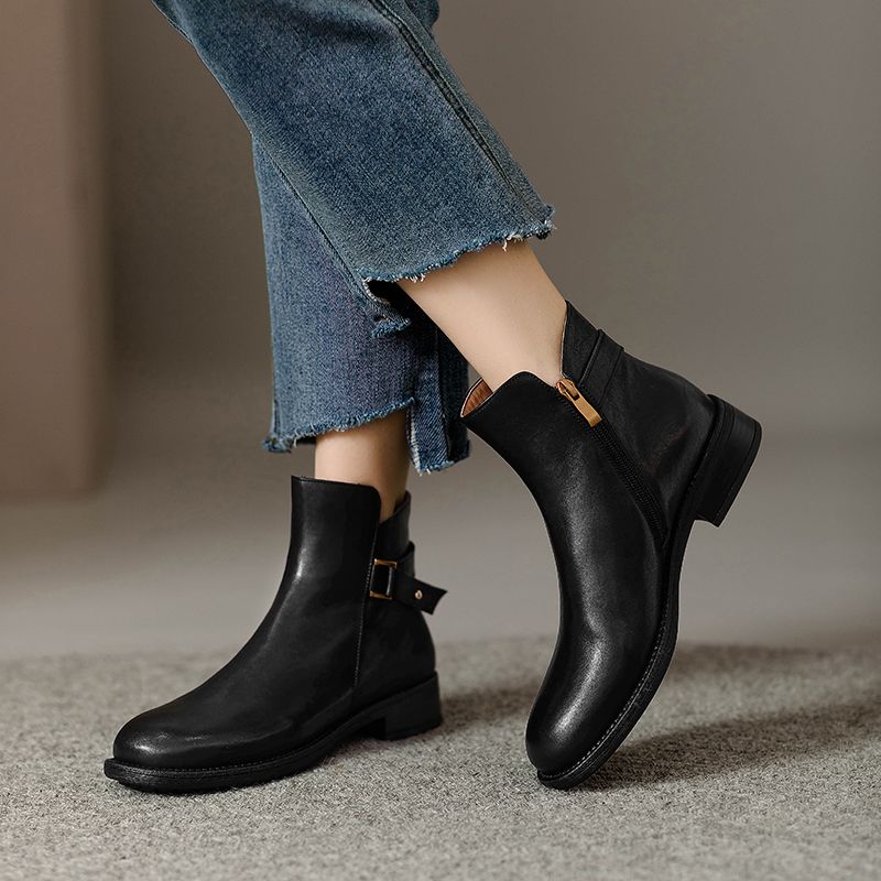 Retro Runde Zehe Echte Gürtelschnalle Herbst Und Winter Neue Ankunft Seitlicher Reißverschluss Dicker Niedriger Absatz Stiefeletten Damen_voghion.com