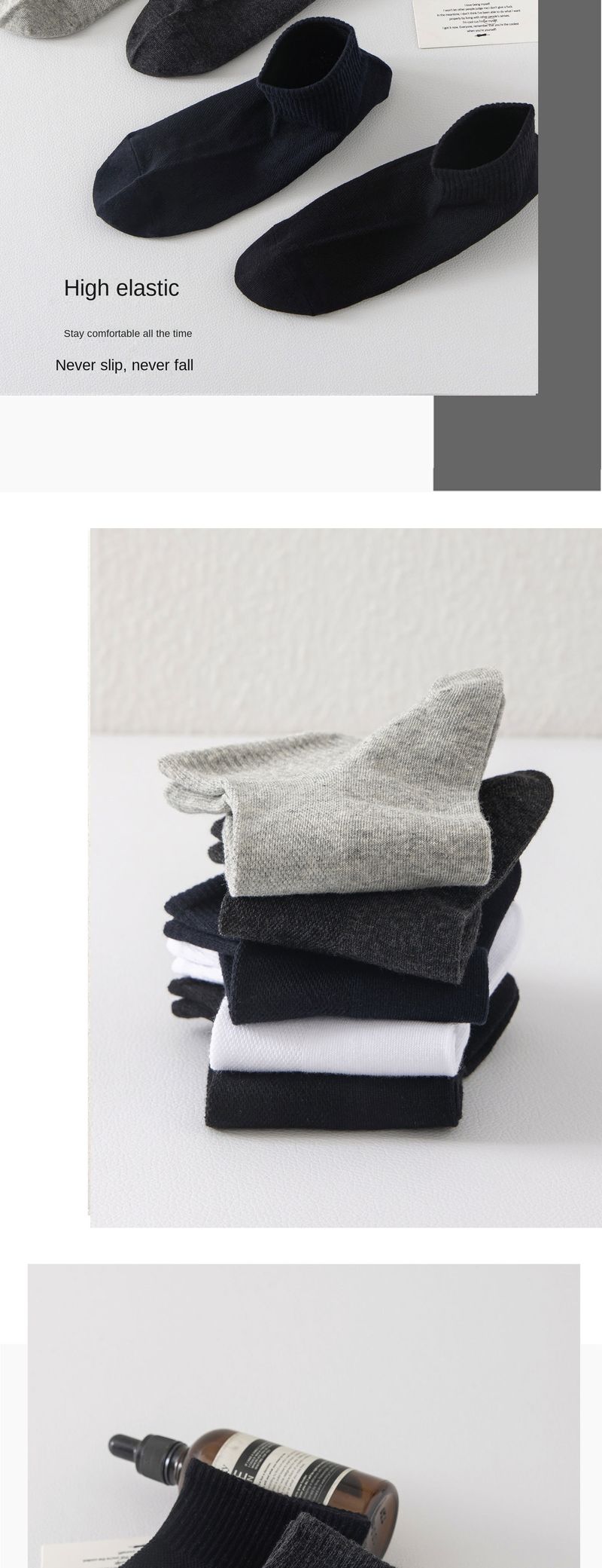 Chaussettes en maille chaussettes pour hommes sports de printemps et d'été chaussettes courtes pour hommes bas haut couleur unie chaussettes en coton d'été noir et blanc chaussettes bateau_voghion.com