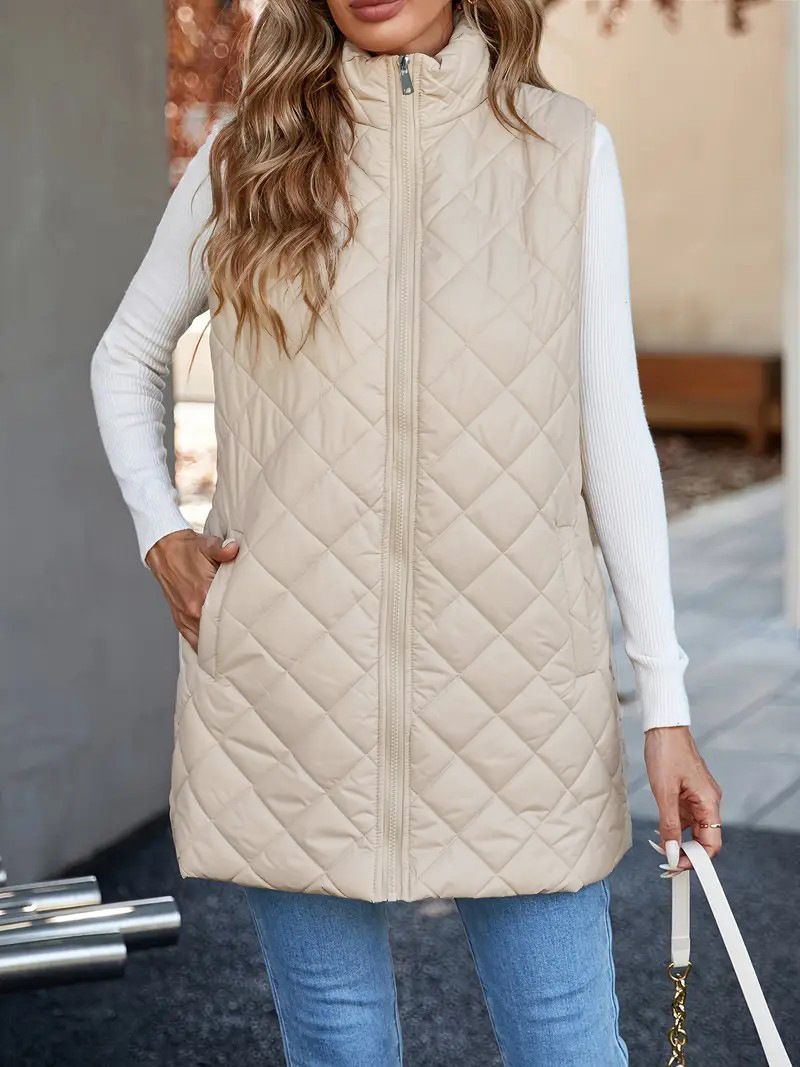 Damenbekleidung, dünn, warm, leicht, warm, gesteppter Westemantel mit Kapuze – lange ärmellose Jacke für lässige Outfits (Schwarz, Beige)_voghion.com
