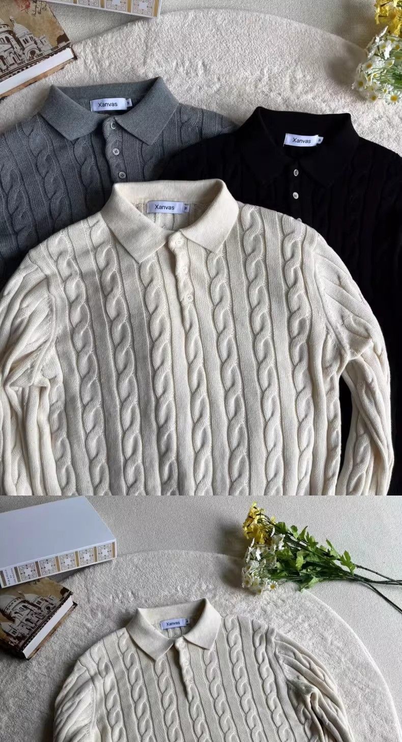 Pull unisexe en maille torsadée - Pull oversize à col polo pour un style automne-hiver sans effort (gris, noir, beige)_voghion.com