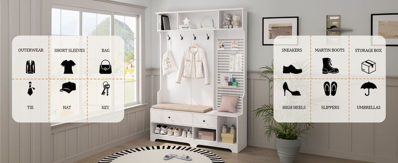 Multi-purpose Hallway Hall Tree With Removable Linen Cushioned Entryway Bench, Coat Rack, Storage Shelves, And DIY Pegboard,for Hallways, Living Room, White_voghion.com