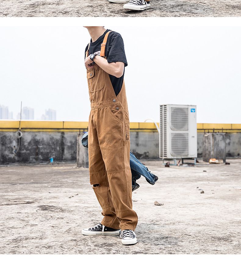 Man's clothing Men's denim overalls couple ripped loose straight jumpsuit wide leg overalls suspenders ins Daddy pants_voghion.com