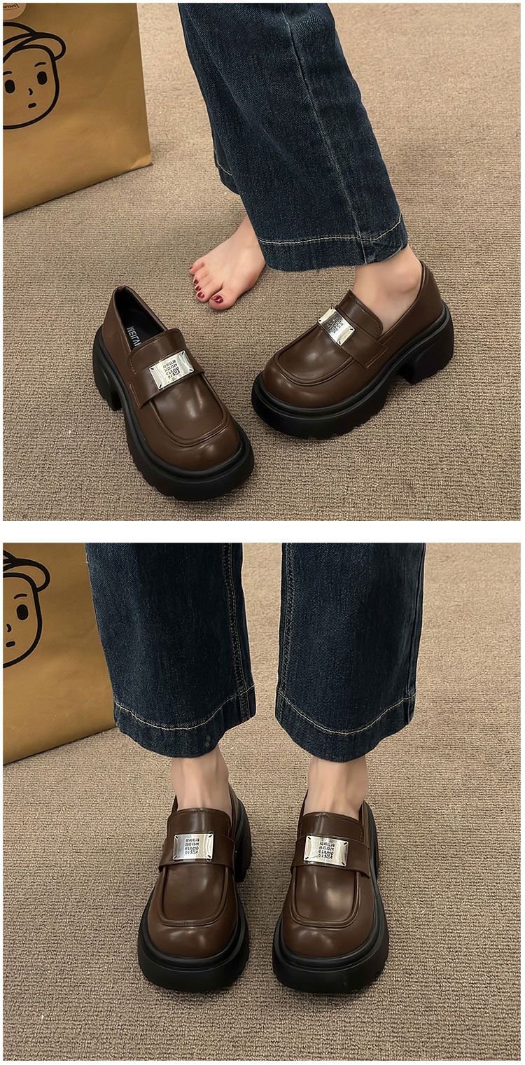 Svarta sula små läderskor för kvinnor höst college stil JK metall fot spark tjock klack Brittiska loafers singel_voghion.com