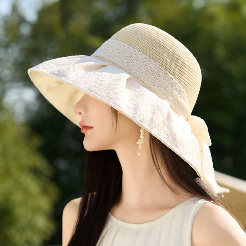 Cappello da pescatore con fiocco in pizzo per bambini, cappello di paglia estivo da mare, cappello da sole a tesa larga_voghion.com