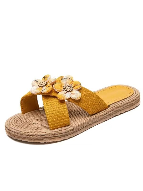 Scarpe da donna, nuove pantofole estive da donna, con una sola linea, con fondo in corda, tinta unita, tendenza moda, per interni ed esterni, con sei piccoli fiori._voghion.com
