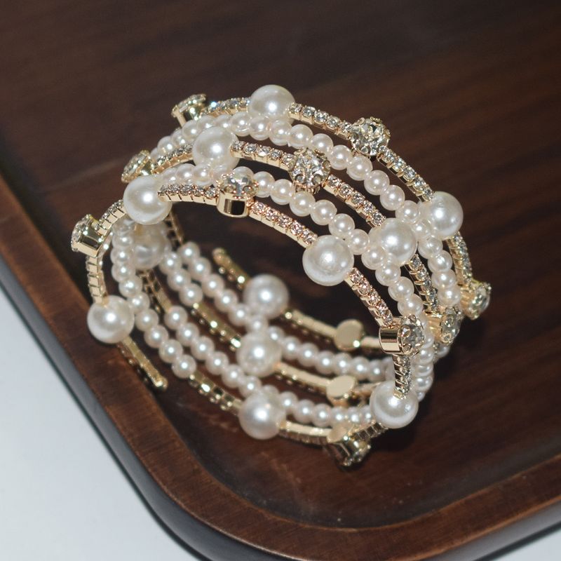 Ins Internet Celebrity Women Simple 3 Row Rhinestone Pearl Wrap Fashion Versatile Bangle Bracelet_voghion.com