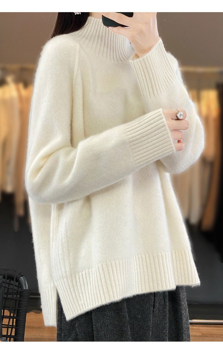 Damenbekleidung: Strickpullover mit Saum – Weiche Schafwollmischung, Pullover mit hohem Halsausschnitt, lässige, lockere Passform, einfarbiges Oberteil (Weiß, Beige, Khaki, Grau, Schwarz)_voghion.com