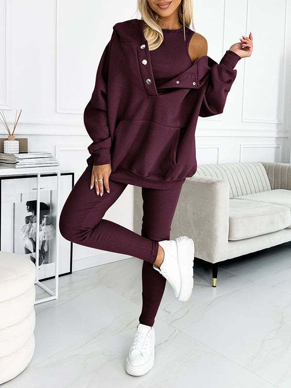 Ensemble 3 pièces pour femme : sweat à capuche, gilet côtelé et jogging – Tenue de détente athlétique (noir/blanc/bleu marine/12 couleurs, S-XXXL)_voghion.com