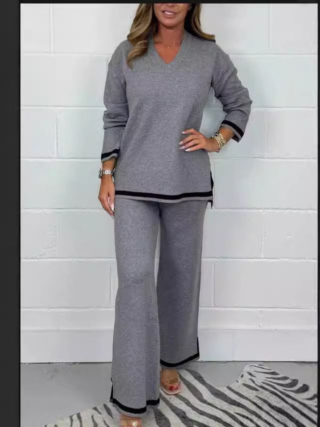 Minimalist Knit Top & Trousers Set – Winter-Ready Solid Color Lounge-to-Street Outfit (Grey/Black/White/Blue/Khaki, S-5XL)_voghion.com