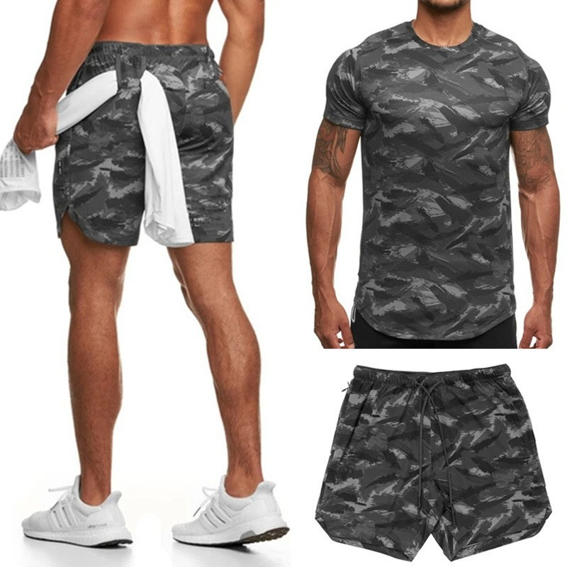 Herren-Shorts, T-Shirt, Sommer, Sport und Fitness, Tarnung, Strandhose, kurzärmeliges zweiteiliges Set_voghion.com