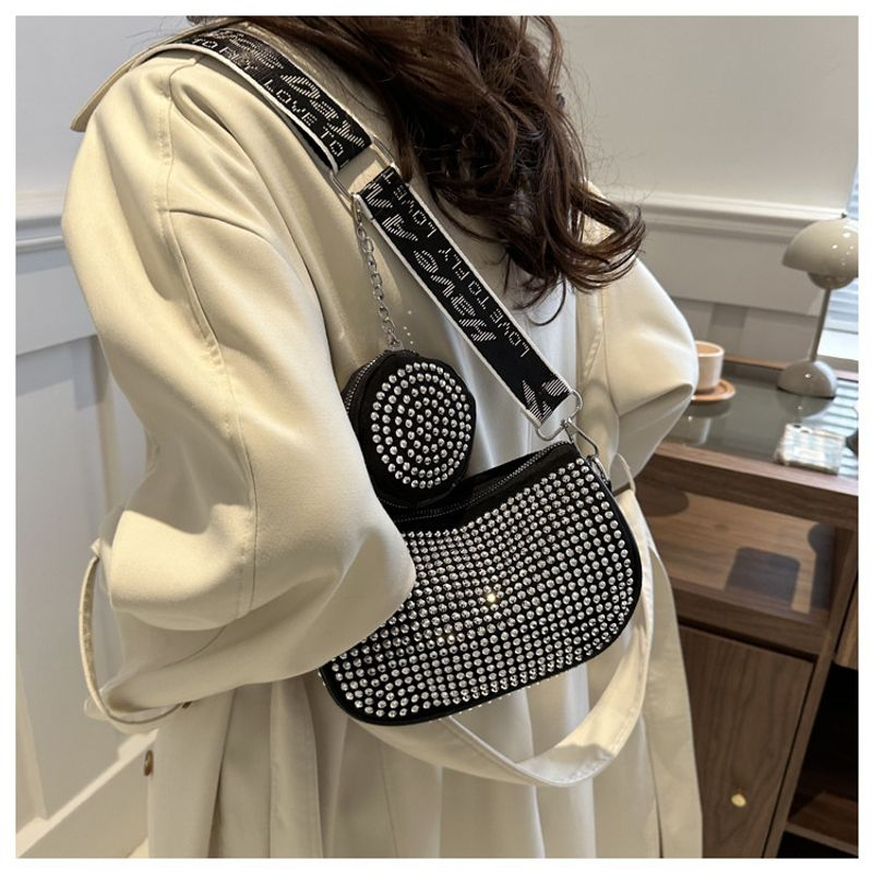 Modische Damentasche schlichten Strass-Intarsien, modieuze Umhängetasche mit een Schulter, trendy Handtasche für_voghion.com