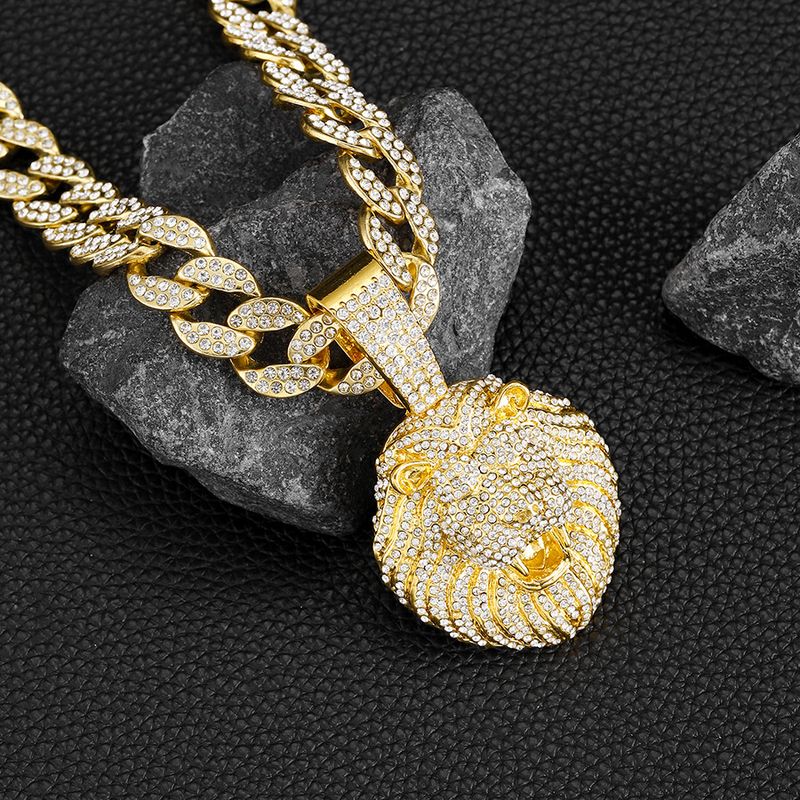 Cool Full Dia Personality Three Dimensional Lion Head Pendant Cuban Necklace Street Hip Hop Style_voghion.com