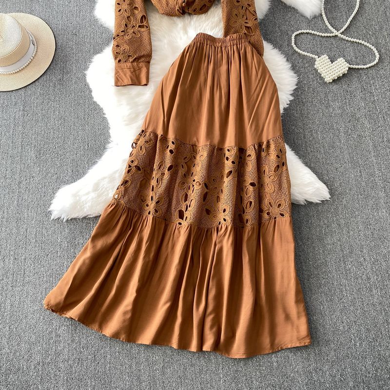 Elegante camicetta in pizzo con collo alto e gonna patchwork attillata – Completo sofisticato in due pezzi per donna_voghion.com