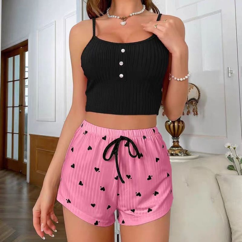 Damen Nachtwäsche New Ins Kontrastfarbe Hosenträger Pyjamas Frauen Sommer Neue Casual Weste Shorts Home Kleidung Zweiteiler Set_voghion.com