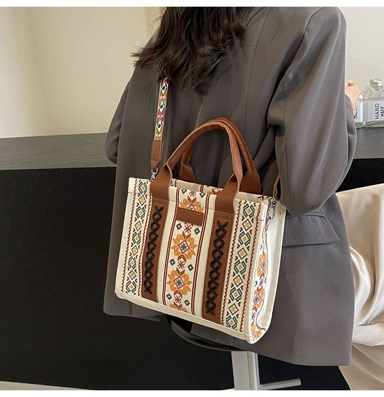 Borsa a tracolla da donna, borsa da donna portatile in cotone e lino stampato stile bohémien_voghion.com