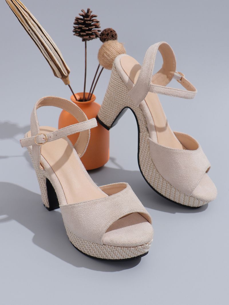 Einreihige Riemchensandalen mit Riemchen und hohen Absätzen, geflochtene Strohsandalen, jede Mode, Fischmaul, dicke Sohle_voghion.com