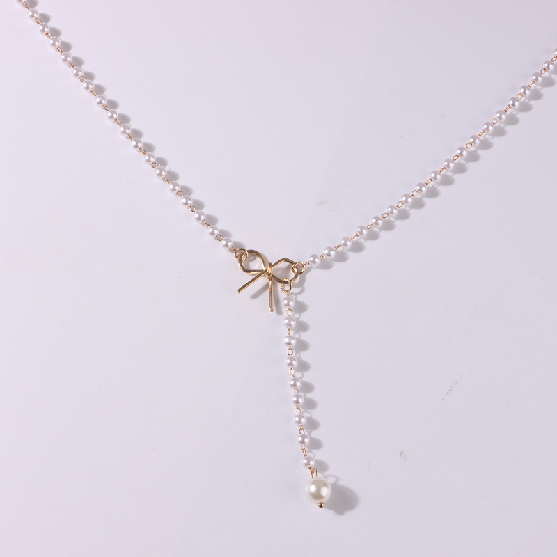 Colar com pingente de pérolas franjadas e laço de liga, colar feminino popular de temperamento simples_voghion.com