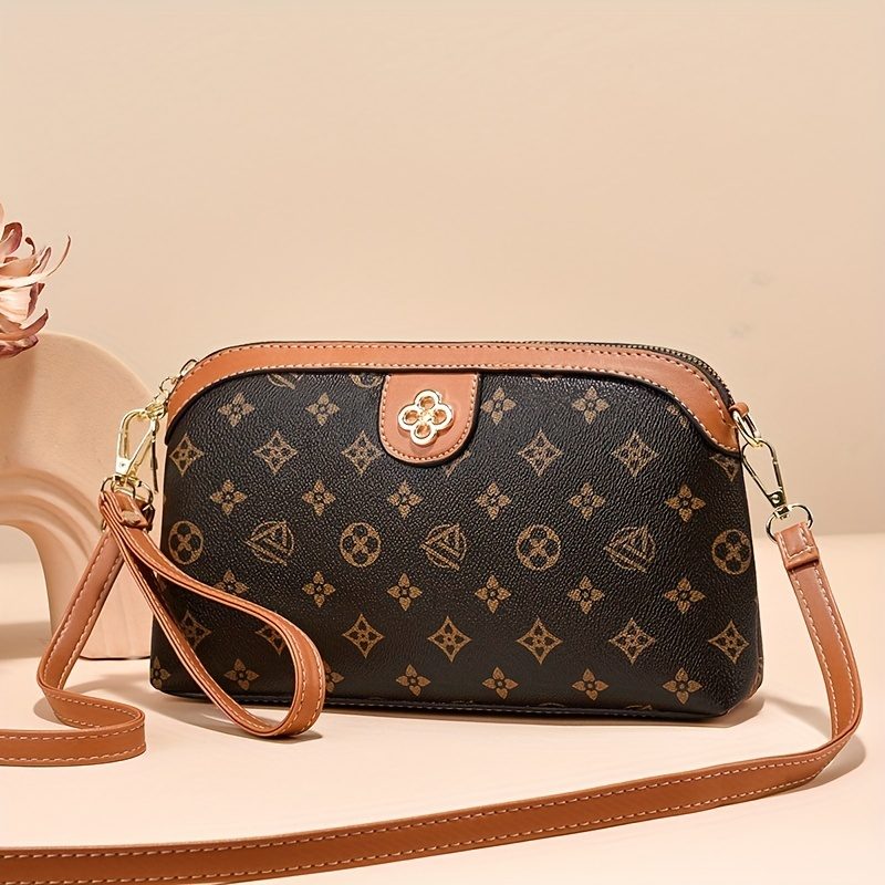 Vintage geometriskt tryck Crossbody-väska, Retro PU-läderväska, Casual axelväska för kvinnor och handväska_voghion.com
