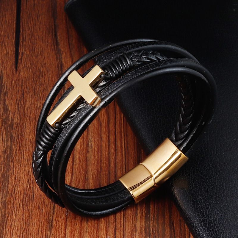 Edelstahl Gewebtes Armband Kreuz Echtes Leder Mehrschichtiger Herrenschmuck L20158_voghion.com