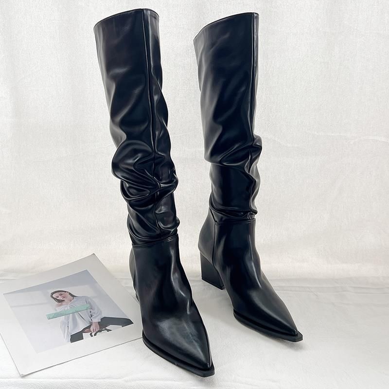 2023 Autumn Pointed Toe Chunky For Women Wrinkled Slip-On Riding High Heel Over-the-Knee Long Boots_voghion.com