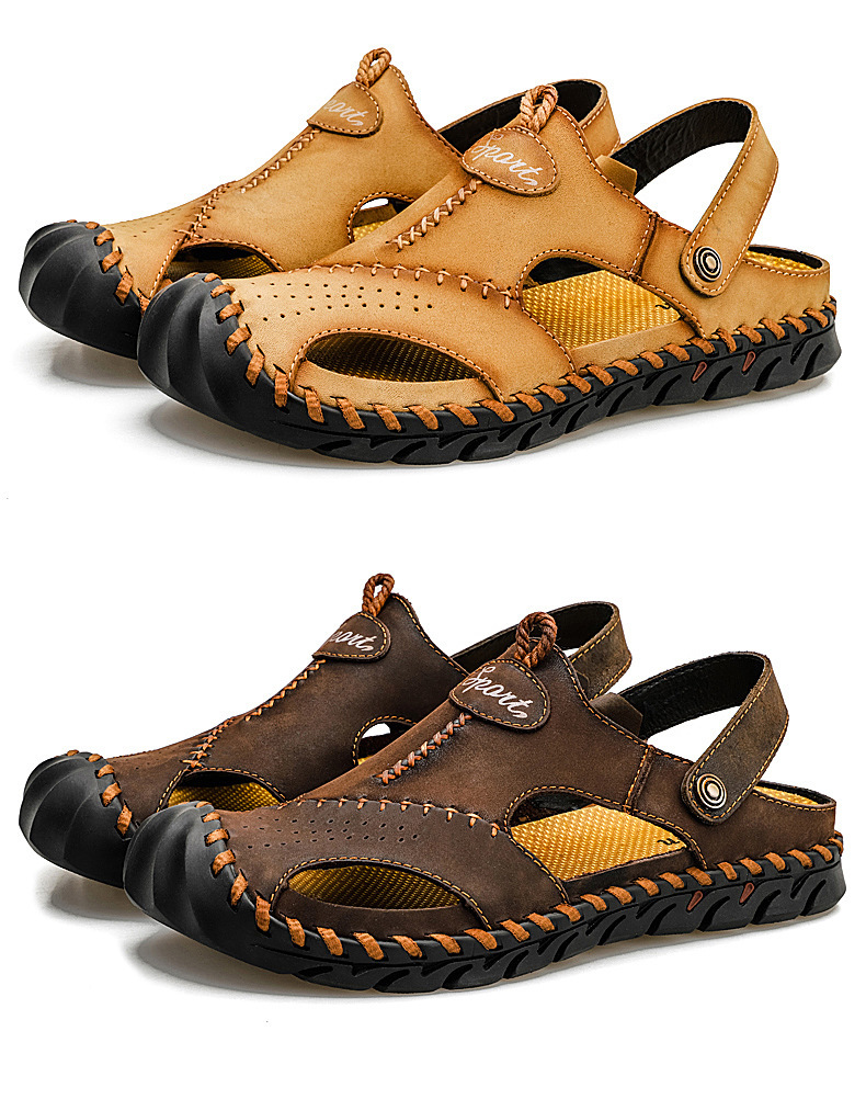 Store strandsko med dobbelt formål, pustende, uformelle hule skinnsandaler med to lag, kuskinn, herresko_voghion.com