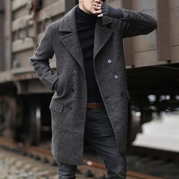 2023 Winter New Double Breasted Mid Length Men's Polo Fleece Trench_voghion.com