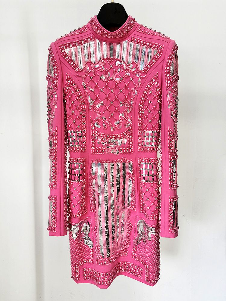 Abbigliamento da donna Autunno e inverno Abito stretto elastico con paillettes e perline di diamanti pesanti_voghion.com