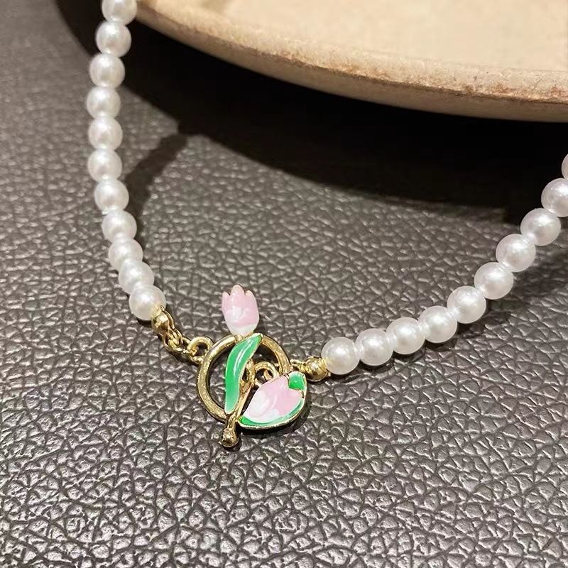 Ensemble de collier et bracelet de perles à boucle OT peinte en tulipe, chaîne de clavicule, design de niche haut de gamme_voghion.com