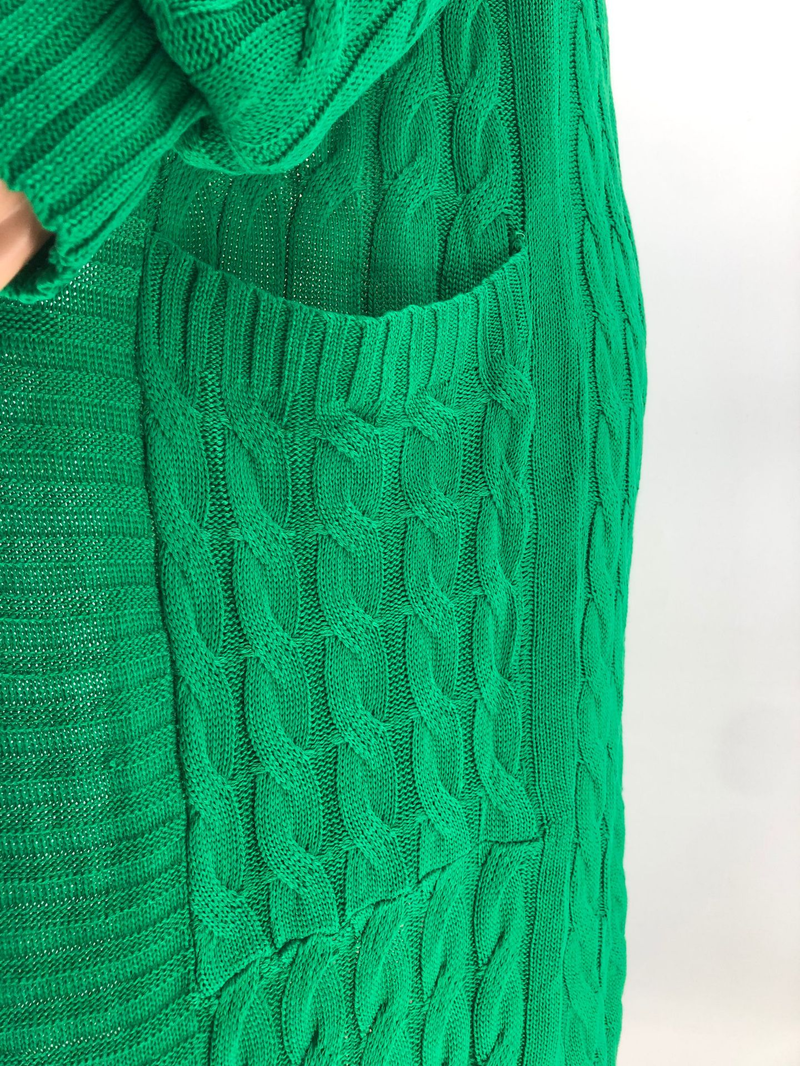 Damenbekleidung Locker gestrickte Strickjacke, gemütliche, übergroße Strickjacke mit Taschen, langer Zopfmuster-Pullovermantel, lockerer Boho-Chic, offene Vorderseite_voghion.com