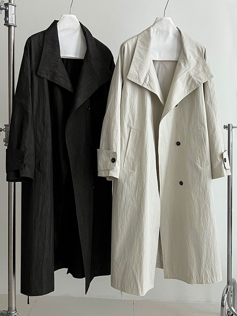 Minimalist British Style Trench Coat For Women, Long Sleeve Belted Duster Coat, Oversized Lapel Casual Overcoat In Beige & Denim Black_voghion.com
