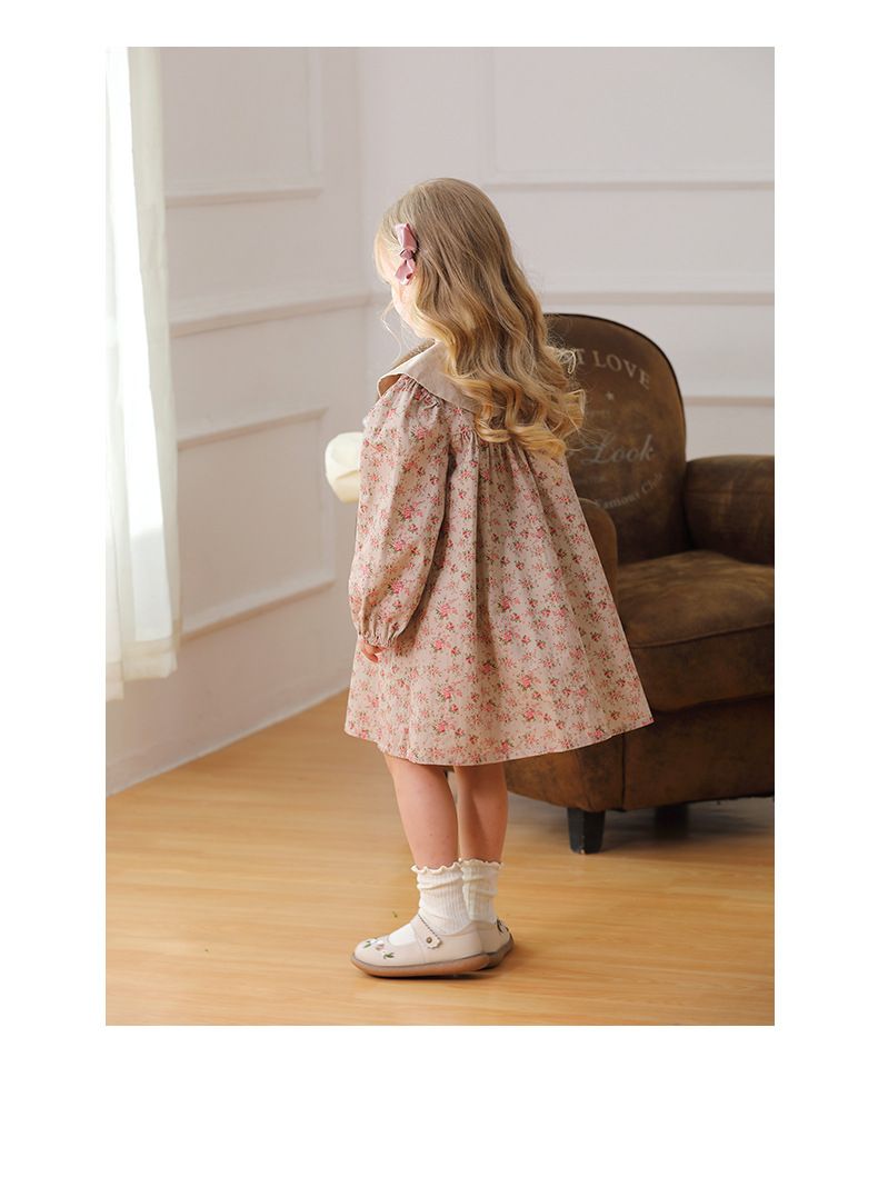 Rochie de fete cu guler retro și flori pentru mame și copii, îmbrăcăminte pentru mame și copii, toamna 2024, broderie cu flori, fustă de prințesă dulce pentru copii_voghion.com
