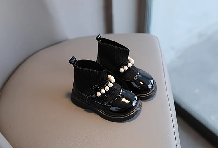 Girls Princess Autumn Winter Children Thin Cashmere Lined Sock Toddler Fashion Beading Leather Boots Non-slip Shoes_voghion.com