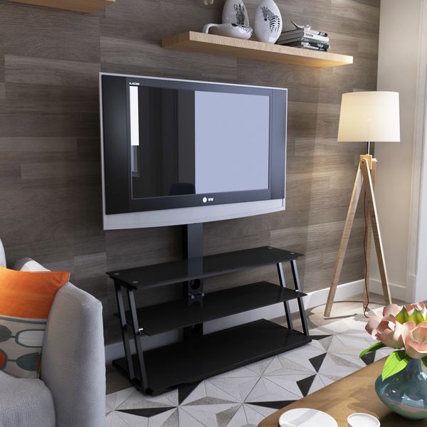 Black Multi-Function Angle And Height Adjustable Tempered Glass TV Stand_voghion.com