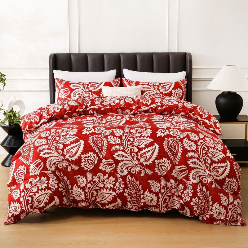 Parure de lit trois pièces en tissu textile doux avec housse de couette imprimée Perris rouge_voghion.com