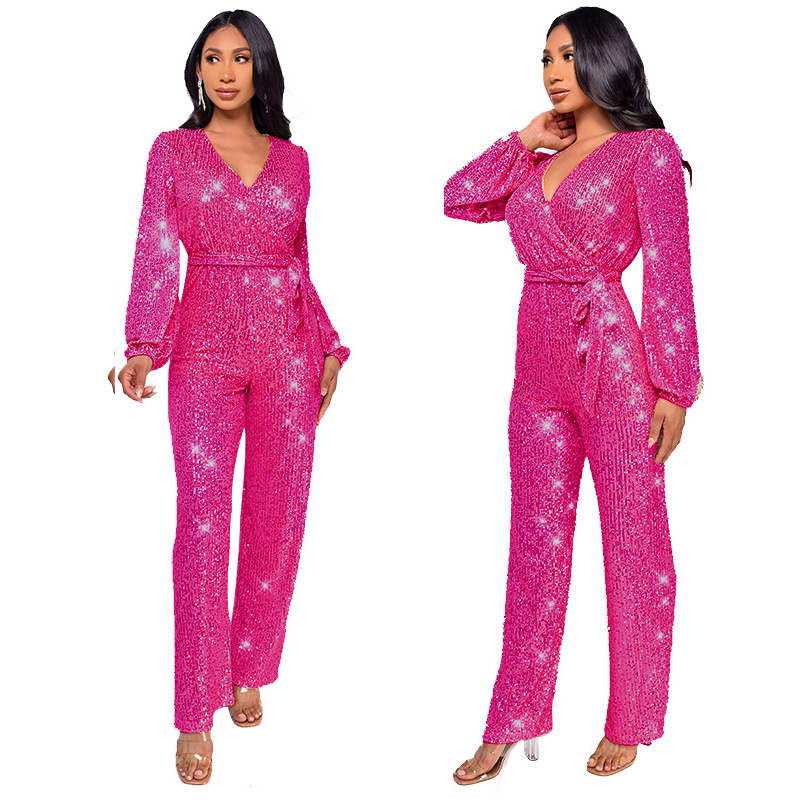 Damkläder Ins Style Deep V Mode Casual Jumpsuit Långärmat Bälte Paljett Jumpsuit Dam_voghion.com