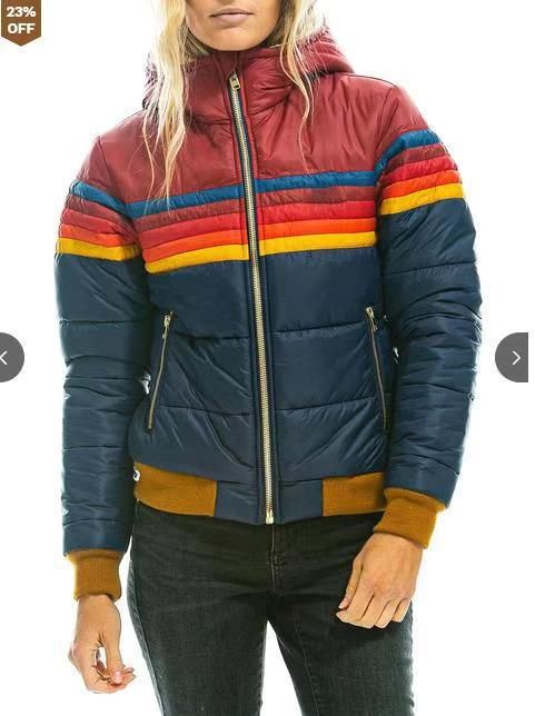Lässige, kurze Pufferjacke mit Kapuze und Print für Damen – Wintermantel im Farbblockdesign mit Baumwollfüllung, schmale Passform, lange Ärmel, Reißverschluss_voghion.com