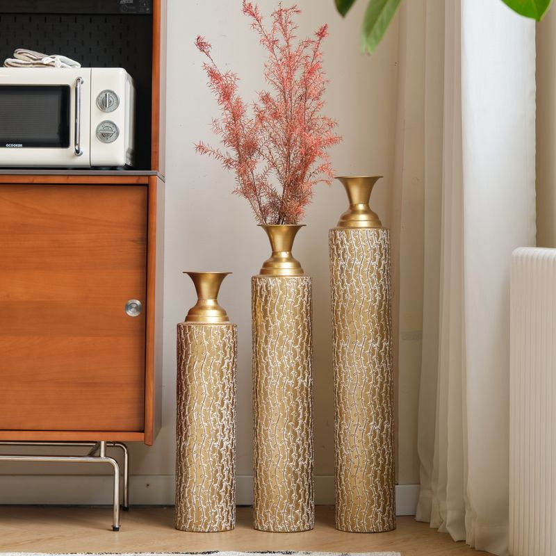 Metal Decorative Vases High Distress Metal Center Vases With Growing Vine Patterns, Set Of 3 Vases For Home Decoration 34 ", 29 ", 25 "H, Gold_voghion.com