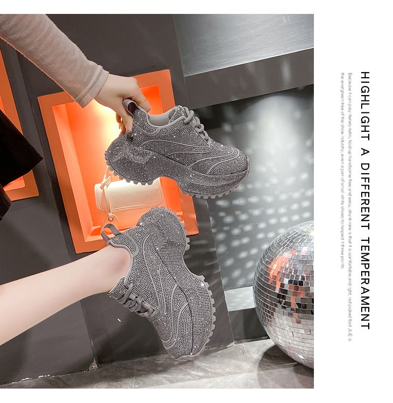 Modische Damen-Sneaker mit Strasssteinen – klobige Plateauschuhe für mehr Körpergröße, atmungsaktives Obermaterial aus PU, lässige und trendige Low-Top-Schnürschuhe_voghion.com