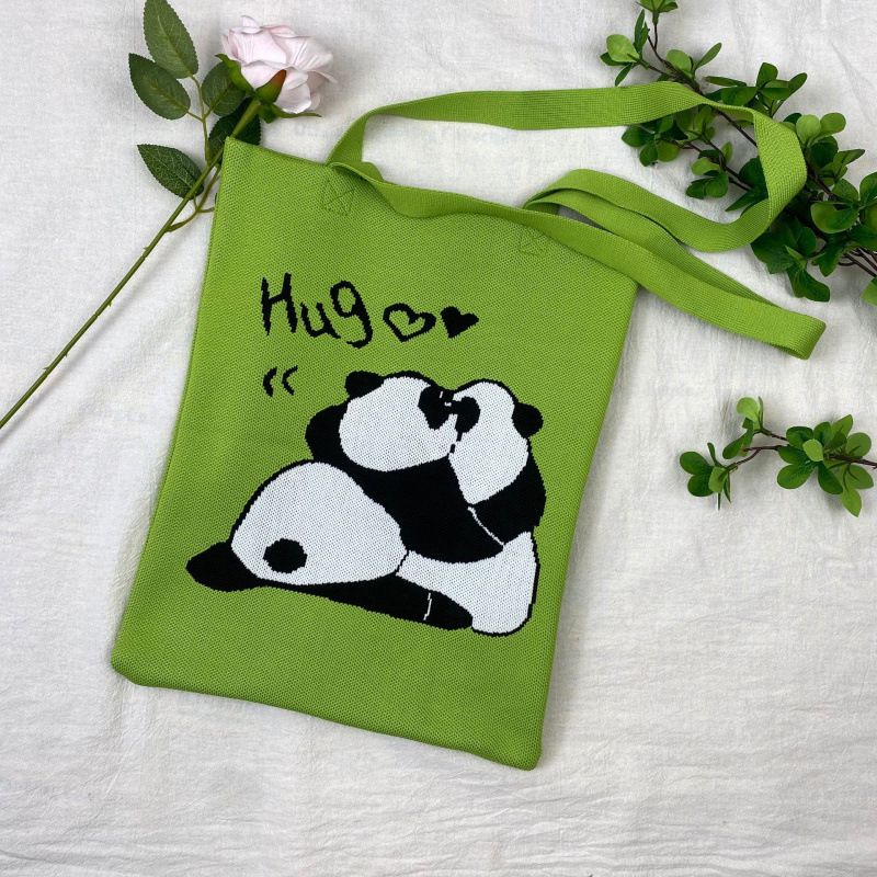 Borsa a mano da donna lavorata a maglia a forma di panda dei cartoni animati, grande capacità, tracolla versatile, borsa a secchiello carina_voghion.com