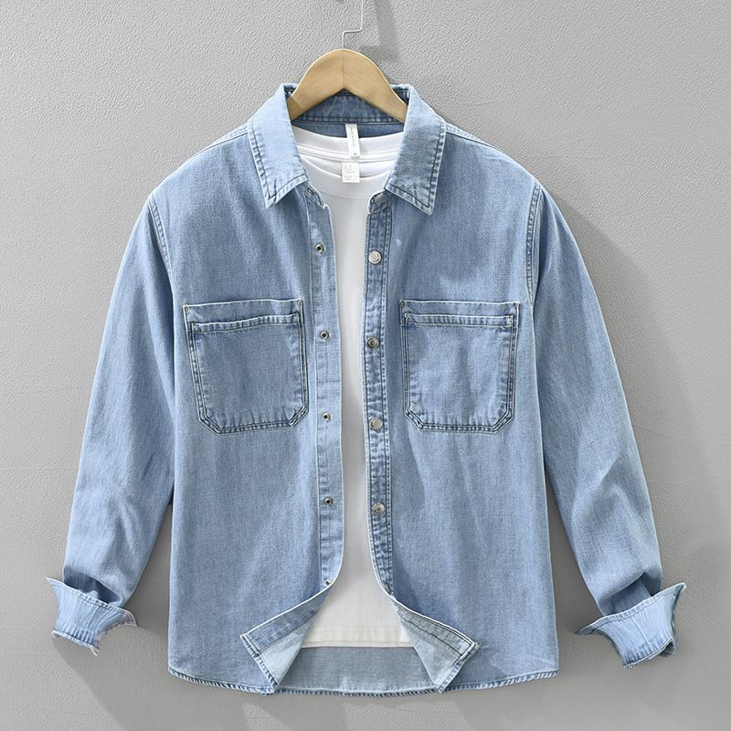 Denim-Retro-Langarmhemd für Herren, modisch und vielseitig, künstlerisches und lässiges lockeres Oberteil_voghion.com