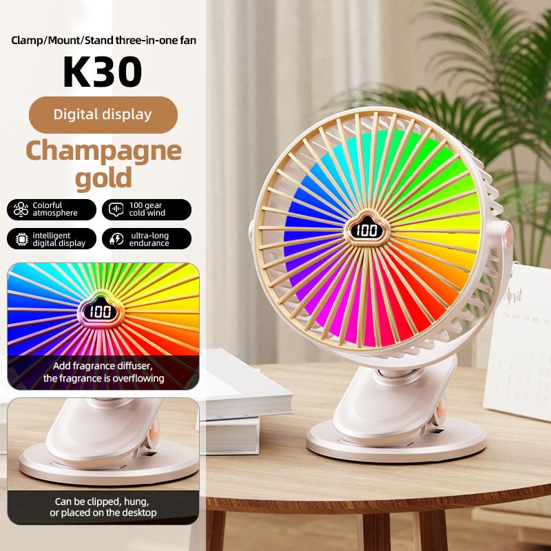 Digital Display Small Student Dormitory Bedside Night Light Clip Fan Office Desktop USB Rechargeable Silent_voghion.com
