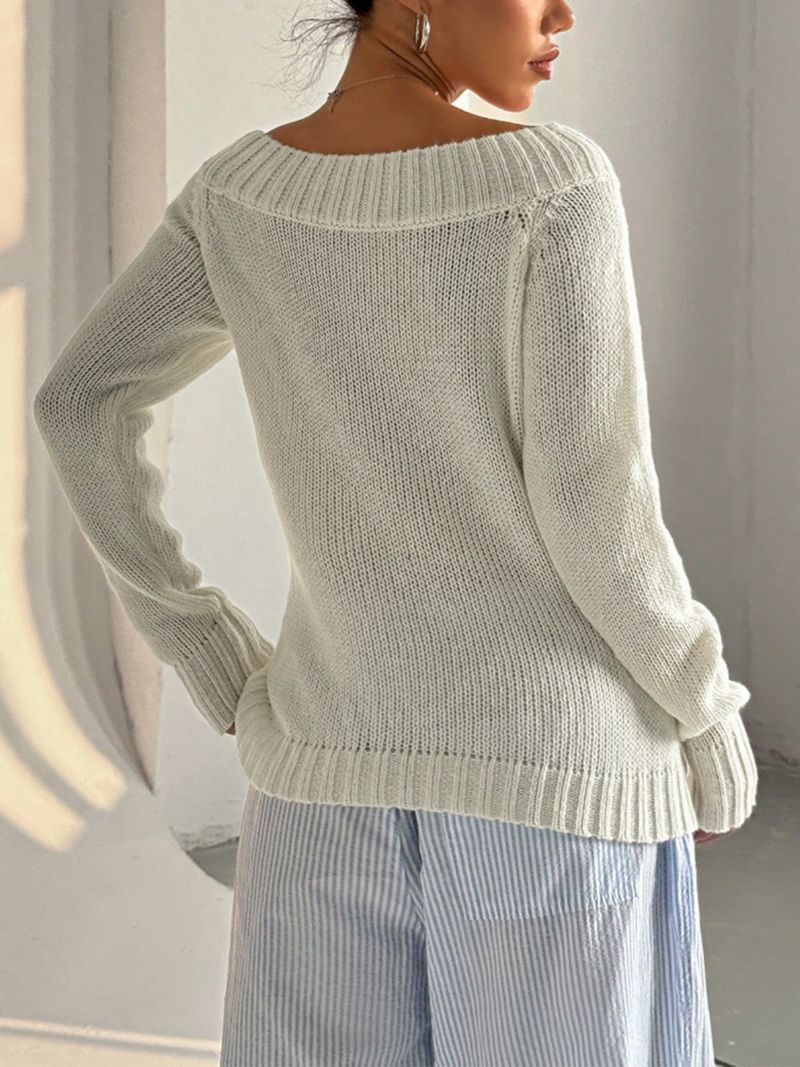 Dameskleding Effen kleur Eenvoudige een-schouder Oversized Off-Shoulder gebreide trui - Zachte geribbelde trui Casual top met lange mouwen voor herfst en winter_voghion.com