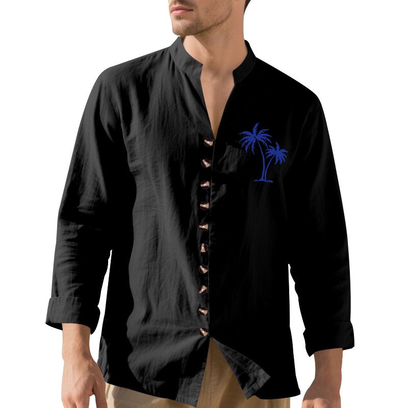Camicia da uomo casual con colletto alto e maniche lunghe con bottoni, stampata con albero di cocco autunnale_voghion.com