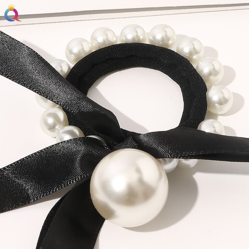 Hair Bow - Black & Houndstooth Pearl Hair Tie Set, Elegant Hair Accessories For Women (3PCS, Adjustable, 5mm Pearls)_voghion.com