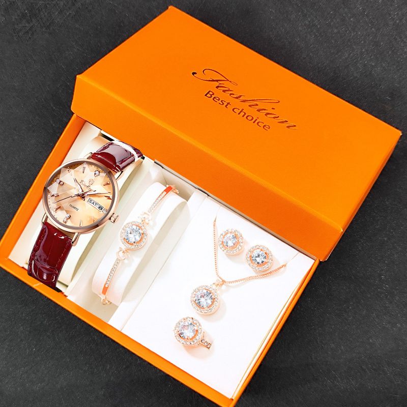 Relógio feminino com calendário duplo, conjunto de pulseiras, mostrador prismático, pulseira de couro, relógio à prova d'água_voghion.com