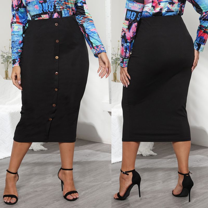 large size women's skirt one row of buttons slim hip ribbed mid-length skirt_voghion.com