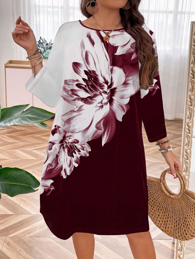 Women's Clothing Large Size Round Neck Printed Long Sleeve Mid Waist Knitted Dress_voghion.com