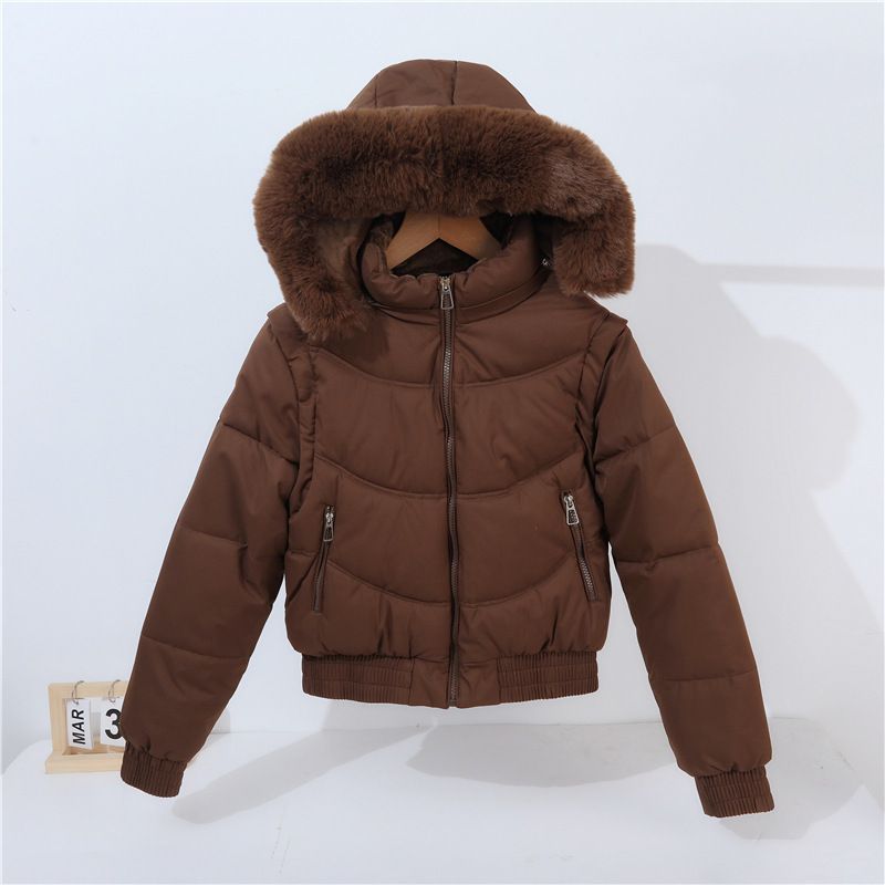 Doudoune courte convertible à manches amovibles et capuche en fausse fourrure pour femme - Manteau d'hiver taille haute doublé polaire épaisse_voghion.com