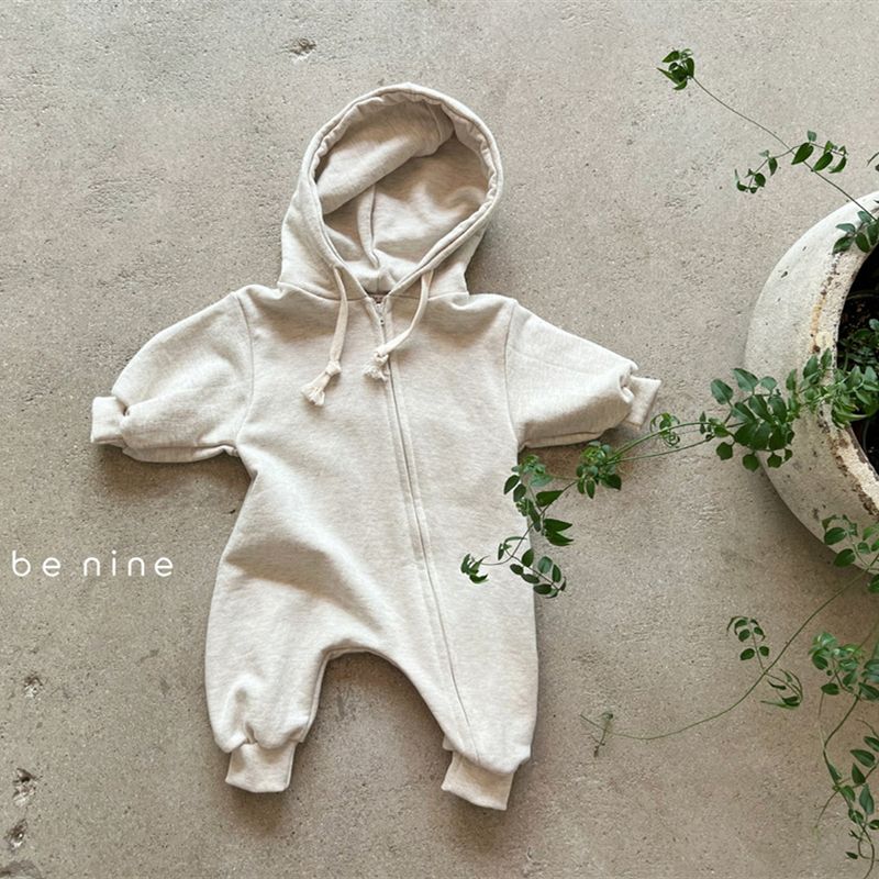 Baby Cotton Soft Oblique Zipper Hooded Long Sleeved Sweater Jumpsuit Korean Version Of The Baby Jumpsuit_voghion.com